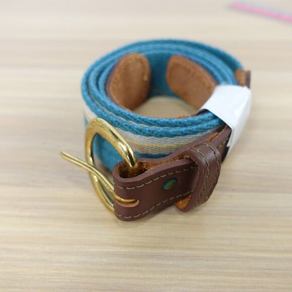 VINTAGE Belt Womens Medium Blue Cotton Canvas Striped Genuine Leather Y2K 90s - Picture 4 of 9